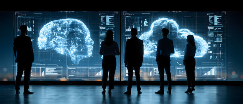Silhouettes of people viewing a glowing brain and cloud display dark blue tone scan human neural network cognitive science neuroscience mind map intelligence