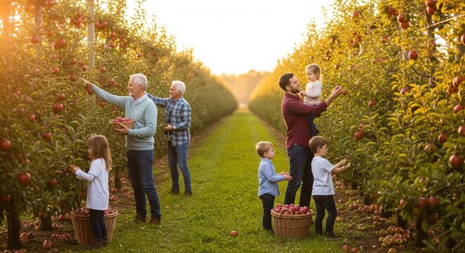 Multi generation family picking ripe apples in orchard at golden sunset, sustainable farming tradition, parents grandparents and children harvesting fresh fruit together