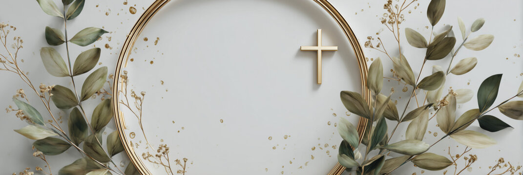 Frame with a cross and ornate religious frames and ethnic decorative leaves. Perfect for Easter cards, Christmas cards, and baptism cards..