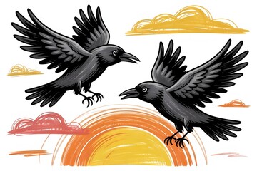 Naklejka premium Two black crows raven birds flying together in sky at sunset hand drawn sketch art illustration on white