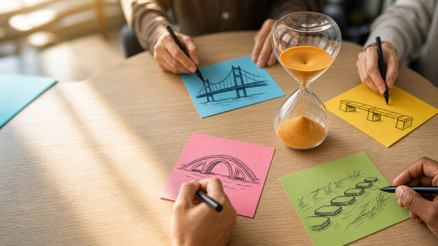 Timeboxed Sketch Sprint with Hourglass and Colorful Idea Notes on Table with Copy Space