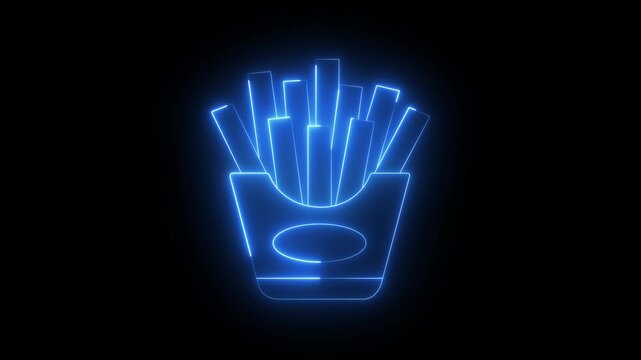 glowing neon French fries icon isolated on black background, representing fast food and delicious snacks. 4k video animation.