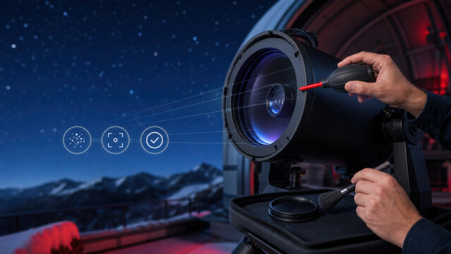 Professional Telescope Optics Cleaning Inside Mountain Observatory at Night