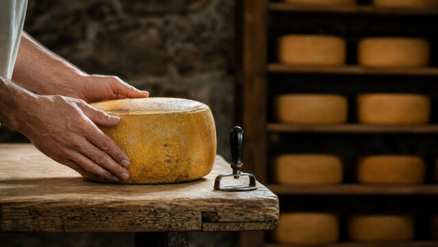 Aged Cheese Wheel Inspection in Underground Cellar Storage