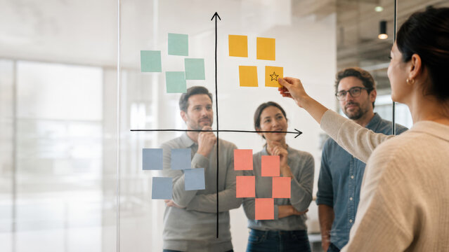 Team Idea Priority Matrix Workshop on Wall Grid