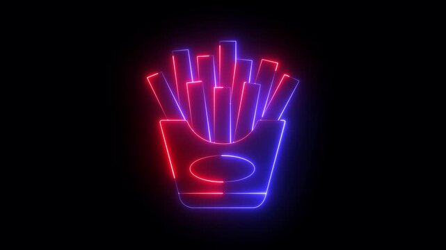 glowing neon French fries icon isolated on black background, representing fast food and delicious snacks. 4k video animation.