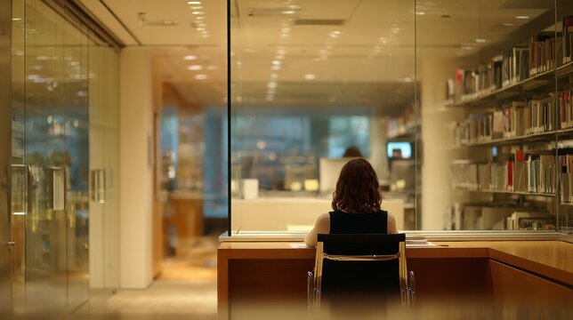 Library reading room medium shot highlighting a single reader at a glasspartitioned cubicle with outoffocus shelves and soft lighting around.