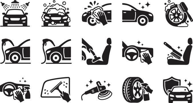 Set of car wash and professional vehicle detailing service icons in black and white silhouette style