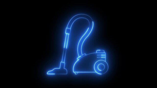 Glowing neon vacuum cleaner icon isolated on black background. Cleaner Home House Cleaning Service Equipment Symbol. 4K Video animation.