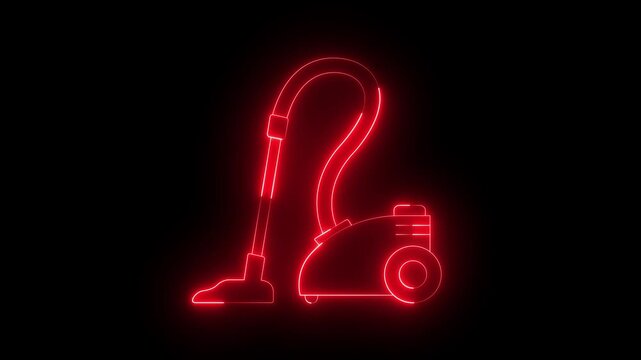 Glowing neon vacuum cleaner icon isolated on black background. Cleaner Home House Cleaning Service Equipment Symbol. 4K Video animation.