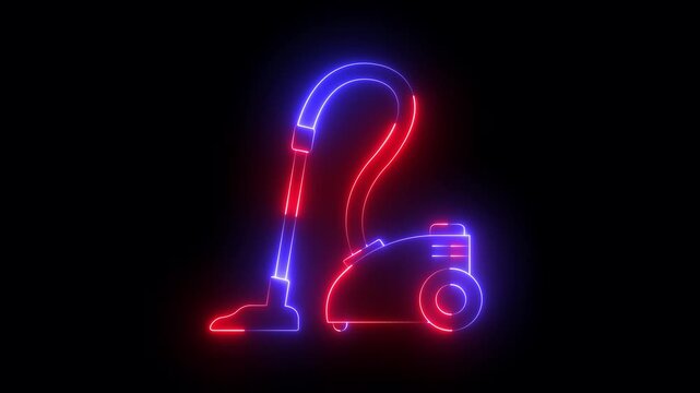 Glowing neon vacuum cleaner icon isolated on black background. Cleaner Home House Cleaning Service Equipment Symbol. 4K Video animation.