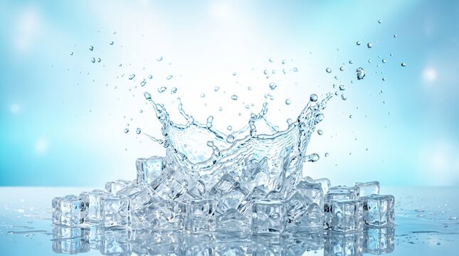 Water splash erupts from a bed of clear ice cubes set against a vibrant blue background.