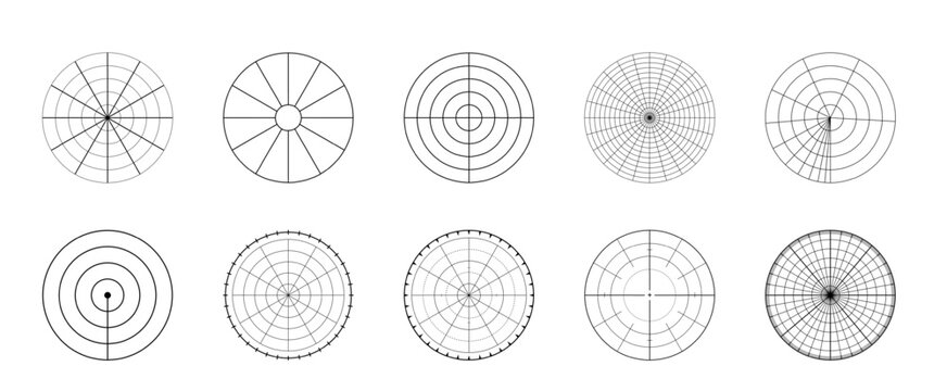 Circular geometric grid with concentric rings and radial guide lines. Vector template for radar charts, mandalas, infographics and technical design layouts.