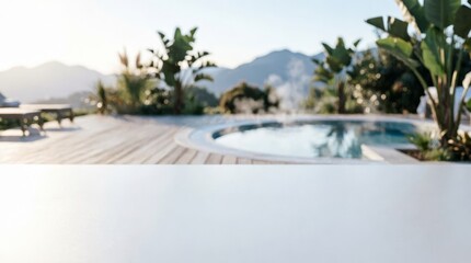 Fototapeta premium Luxury Pool Deck with Mountain View and Tropical Plants for Web Design