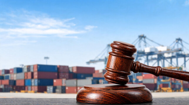 Gavel, judge hammer, trade regulation, port auction, customs court, cargo shipping, international trade law, logistics policy, legal authority