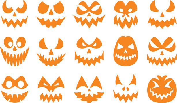 Halloween Pumpkin Carving Face Templates Vector Collection: 15 Unique Spooky and Funny Jack-o'-Lantern Stencils for Autumn Holiday Decorations and Creative Festive DIY Projects.