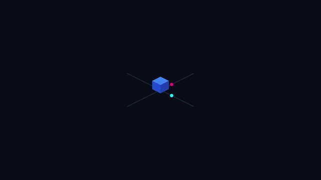 Minimalist 3 d cube animation with rotating orbital dots on dark 4k background, for tech and, motion