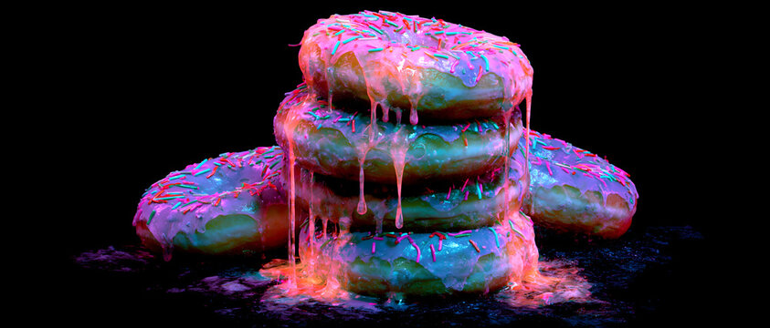 Colorful glazed donuts stacked with dripping icing against a dark background donut doughnuts frosted sprinkled ring yeast sweet treat pastry bakery item confectionery