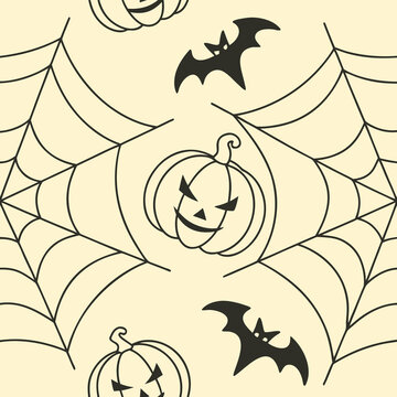 Vintage Halloween seamless pattern, spooky jack o lantern pumpkins and bats on spider web background, retro holiday vector illustration