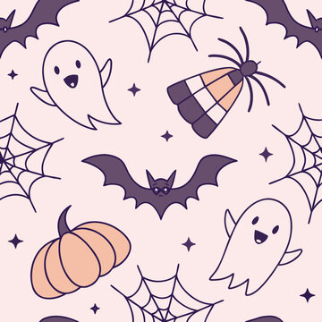 Halloween seamless pattern with cute ghosts and bats, spooky holiday vector background with pumpkins and spider webs, pastel purple and orange festive wallpaper