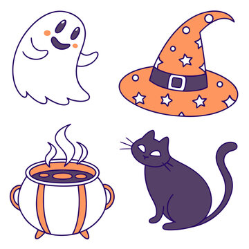 Halloween sticker set with cute ghost and black cat, spooky witch hat and bubbling cauldron vector icons, orange and purple holiday graphics
