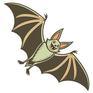 Vintage cartoon bat illustration, retro flying fruit bat with spread wings, spooky Halloween animal character vector on white background
