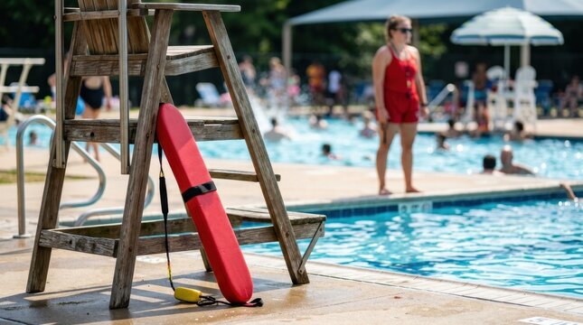 Red rescue tube leaning against a wooden chair at a swimming pool. Female lifeguard on duty watching a crowded pool in the background. Water safety equipment