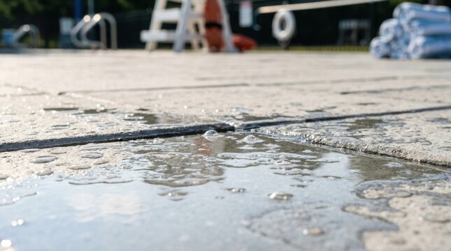 Close up of water puddles on a concrete tiled pool deck. Wet and slippery surface with blurred lifeguard chair in the background. Safety hazard