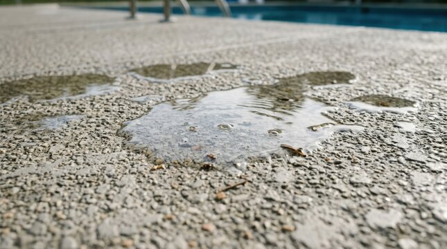 Close up of a water puddle on a textured concrete pool deck. Wet and slippery surface hazard next to a swimming pool. Selective focus