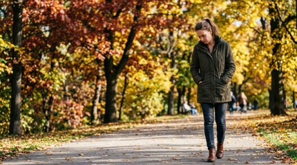 Fototapeta premium Woman walking alone in autumn park looking down. Seasonal energy decrease and low mood concept. Female in parka on fall path