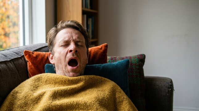 Close up of a man yawning while wrapped in a yellow blanket. Autumn fatigue and sleepiness concept. Tired male adult on a sofa during fall