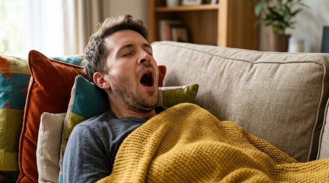 Man yawning on sofa under a yellow blanket. Tired male experiencing autumn fatigue and lethargy. Close up of exhausted person at home