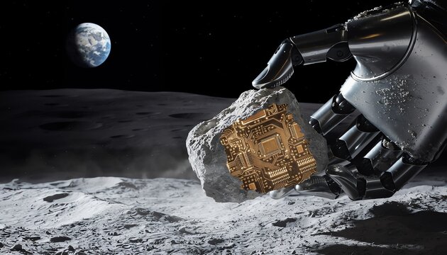 Robotic hand holding space rock with glowing gold minerals, space mining and lunar resource extraction concept