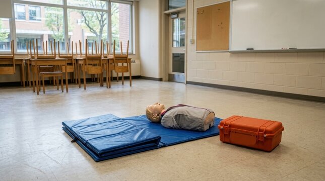 CPR training manikin on a mat in an empty classroom. First aid education equipment with medical case. Life saving skills workshop concept