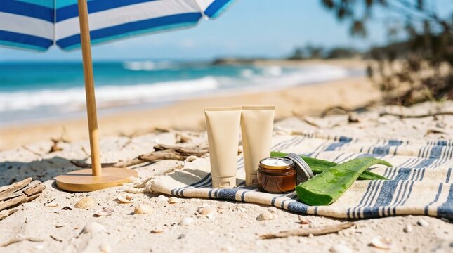 Sun care products on pale sand with sunscreen tubes, zinc oxide cream, aloe leaf, UV umbrella, woven towel, and seashells.