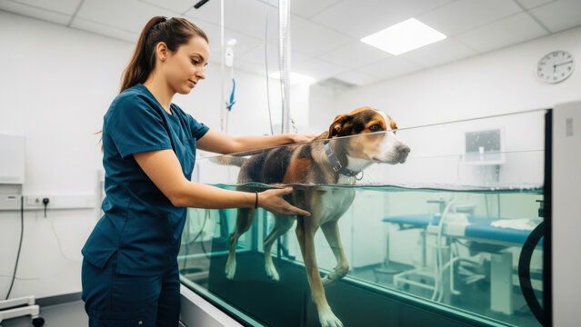 Professional veterinarian assisting dog in underwater treadmill therapy, highlighting canine rehabilitation, animal physiotherapy, and modern veterinary care clinic.