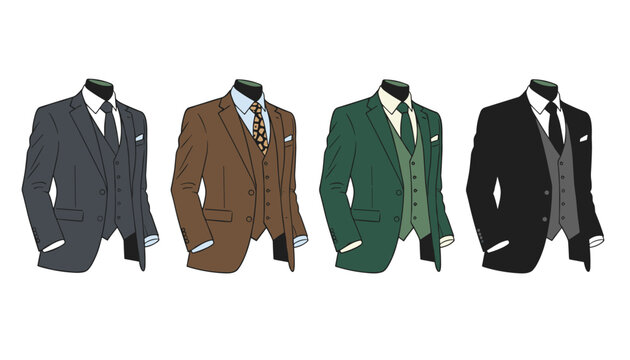 Elegant three-piece business suits with vests and neckties in diverse solid colors.