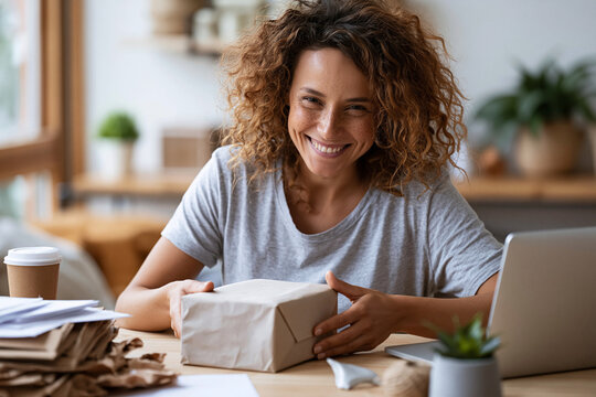Warm smile greets viewer as woman opens package. Curly hair frames her face with soft, joyful expression. Coffee cup sits beside laptop on tidy wooden desk