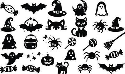 Obraz premium Large Collection of Cute Halloween Silhouettes - Featuring Black Cats, Spooky Ghosts, Witch Hats, Flying Bats, Creepy Spiders, Jack-O-Lanterns, and Sweet Candy Icons for Graphic Design.