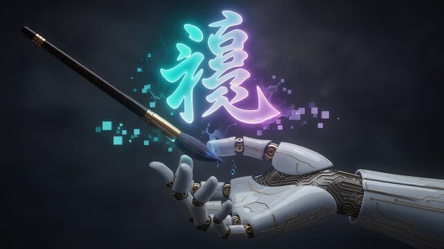Robotic hand painting glowing neon Asian calligraphy character, artificial intelligence creative art concept