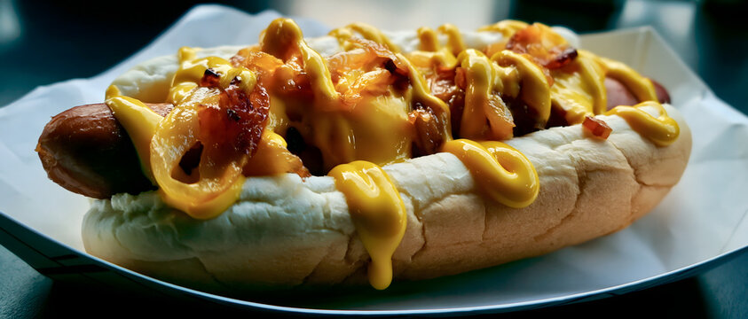 Hot dog with mustard and bacon close up food photography beef bite breakfast bun calorie cheese condiment cuisine delicious deli dinner eating fast food