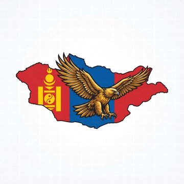 Golden Eagle Flying in Front of Mongolia Map with Flag, Raster Illustration