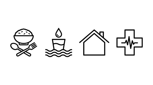 Basic Human Needs Set Featuring Food Water Shelter and Health