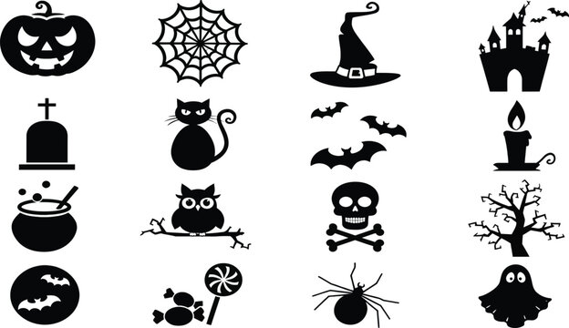 Halloween Icon Set Silhouette Vector Collection Featuring Pumpkin Spider Web Witch Hat Haunted House Tombstone Black Cat Bats Candle Cauldron Owl Skull Dead Tree Moon Candy Ghost
