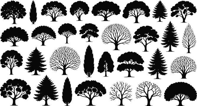 Collection of black tree silhouettes in various shapes and species