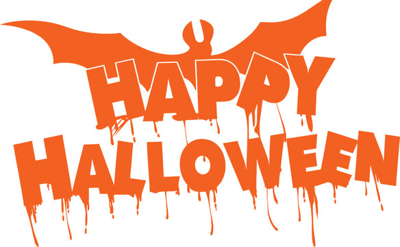 Happy Halloween Vector Illustration with Spooky Orange Dripping Text and Bat Silhouette Graphic for Holiday Parties, Invitations, Greeting Cards, and Festive Seasonal Celebration Design