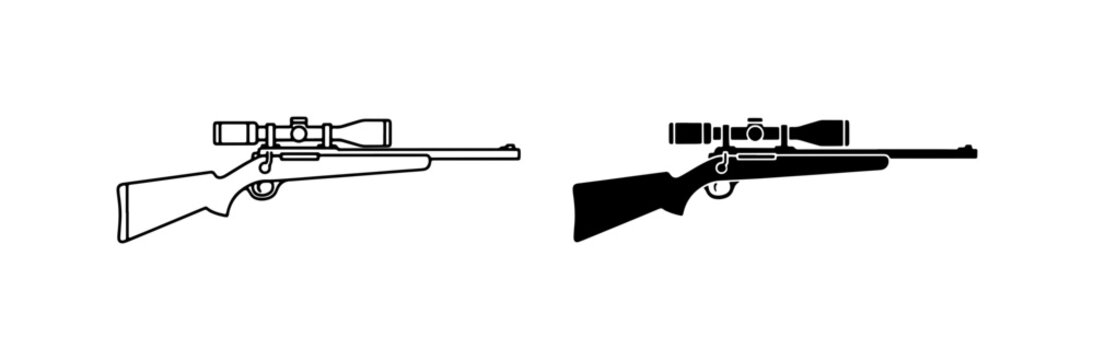 Rifle with Scope Icons: Outline and Silhouette, Hunting and Sport Shooting