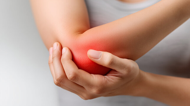 Close-up of person holding painful elbow with highlighted inflammation area. Joint pain, injury, arthritis, rehabilitation and healthcare concept.