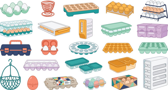 Vector collection of egg cartons plastic containers and kitchen storage trays for food organization