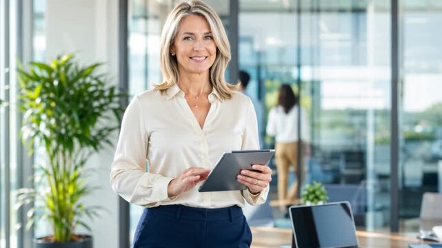 Successful confident businesswoman worker lady boss female leader woman in formal shirt posing and looking at camera in office corporate.
